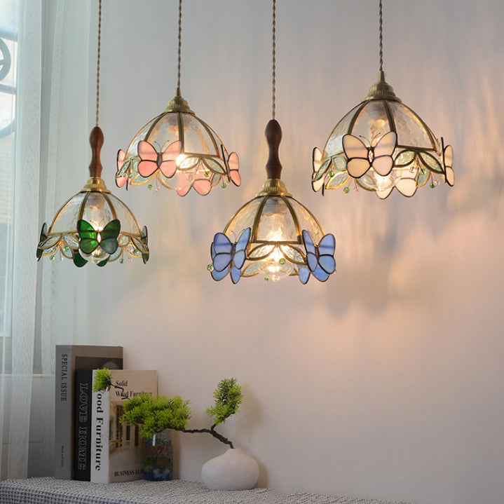 Traditional French Half Round Butterfly Glass Walnut Brass 1-Light Pendant Light For Living Room Lumendat