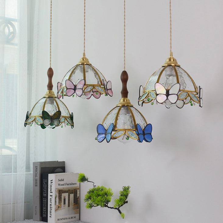 Traditional French Half Round Butterfly Glass Walnut Brass 1-Light Pendant Light For Living Room Lumendat