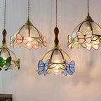 Traditional French Half Round Butterfly Glass Walnut Brass 1-Light Pendant Light For Living Room Lumendat