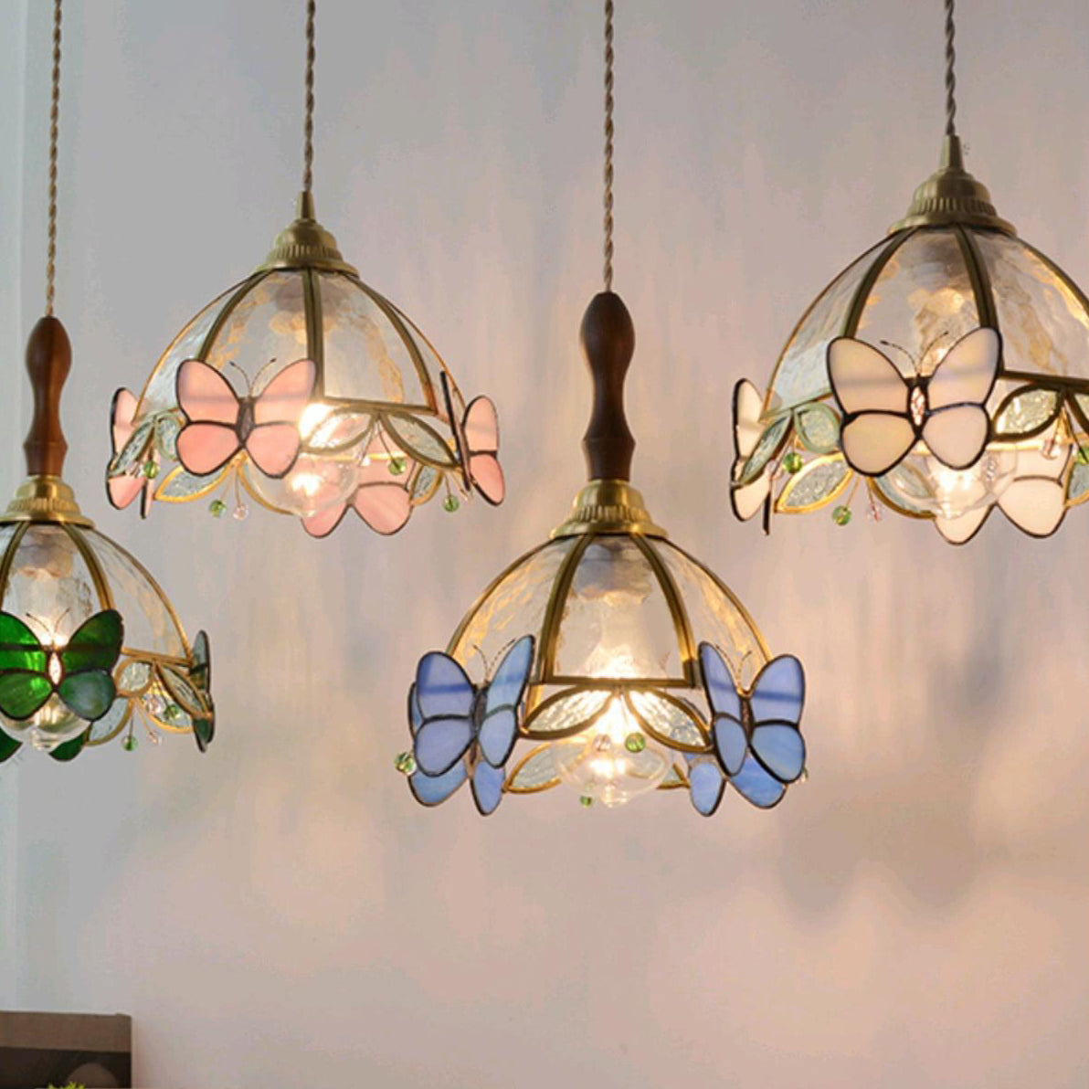 Traditional French Half Round Butterfly Glass Walnut Brass 1-Light Pendant Light For Living Room Lumendat