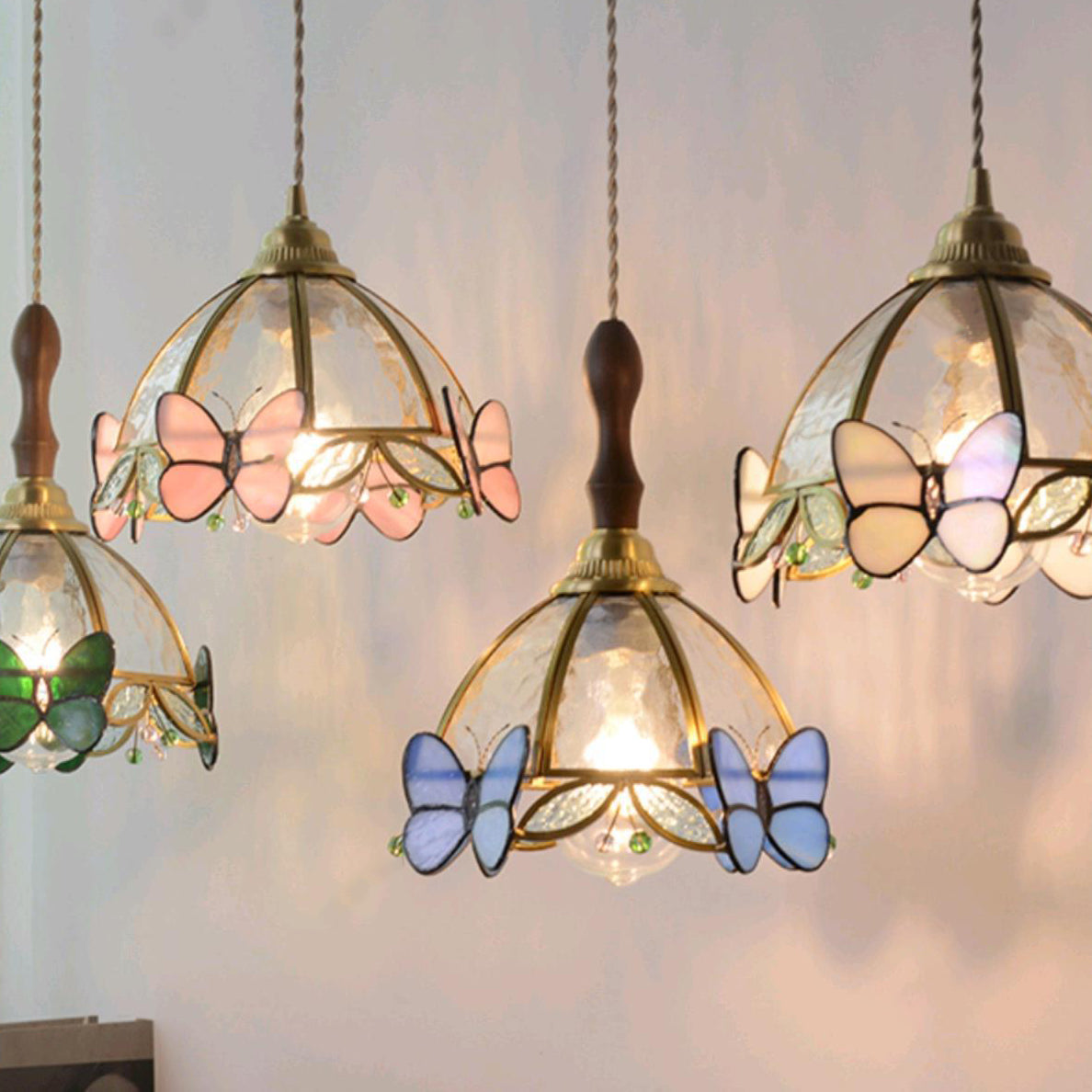 Traditional French Half Round Butterfly Glass Walnut Brass 1-Light Pendant Light For Living Room Lumendat