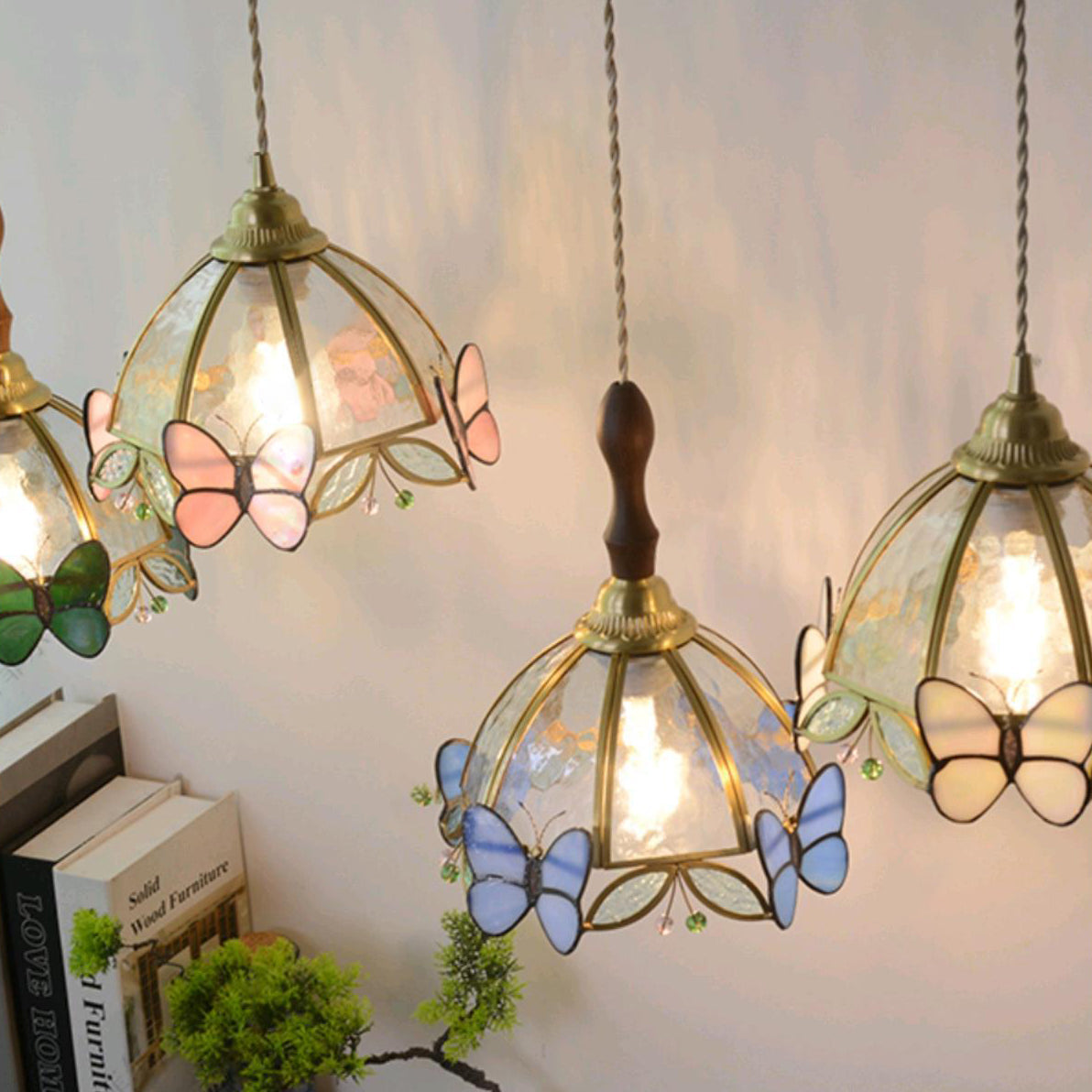 Traditional French Half Round Butterfly Glass Walnut Brass 1-Light Pendant Light For Living Room Lumendat