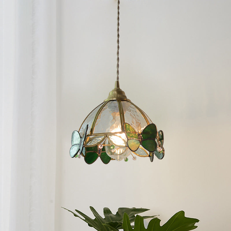 Traditional French Half Round Butterfly Glass Walnut Brass 1-Light Pendant Light For Living Room Lumendat