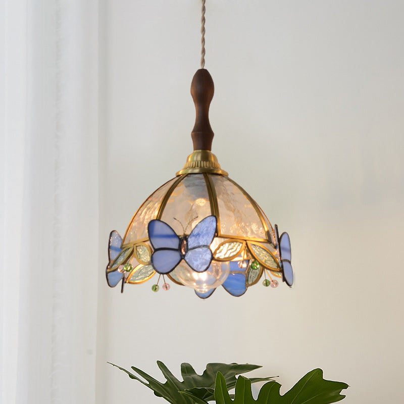 Traditional French Half Round Butterfly Glass Walnut Brass 1-Light Pendant Light For Living Room Lumendat