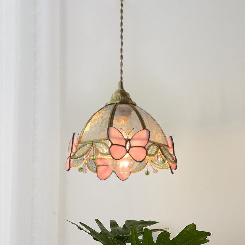 Traditional French Half Round Butterfly Glass Walnut Brass 1-Light Pendant Light For Living Room Lumendat