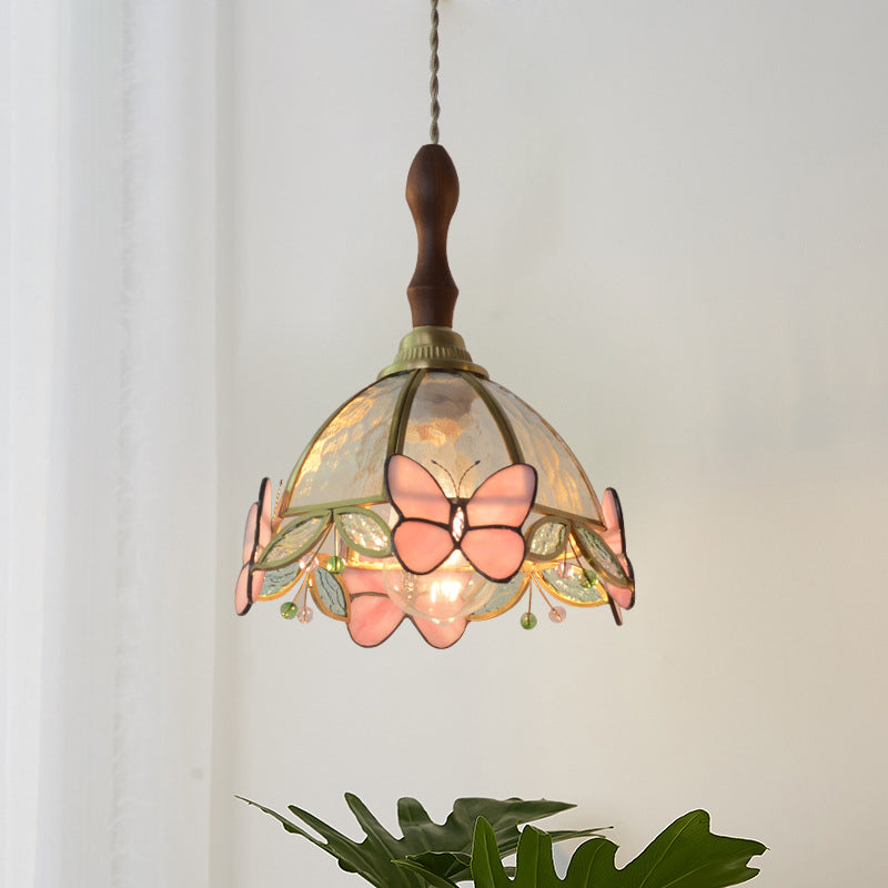 Traditional French Half Round Butterfly Glass Walnut Brass 1-Light Pendant Light For Living Room Lumendat