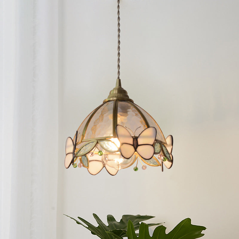 Traditional French Half Round Butterfly Glass Walnut Brass 1-Light Pendant Light For Living Room Lumendat
