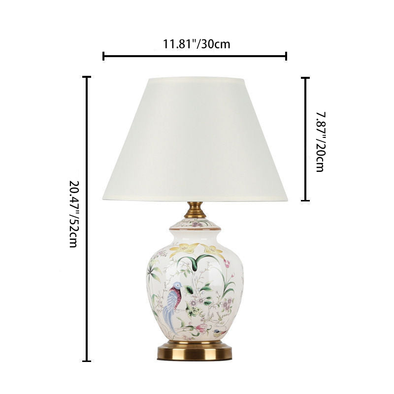 Traditional Chinese Patterned Bird Scalloped Round Fabric Ceramic 1-Light Table Lamp For Living Room Lumendat