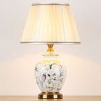 Traditional Chinese Patterned Bird Scalloped Round Fabric Ceramic 1-Light Table Lamp For Living Room Lumendat