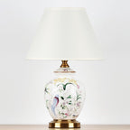 Traditional Chinese Patterned Bird Scalloped Round Fabric Ceramic 1-Light Table Lamp For Living Room Lumendat