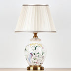 Traditional Chinese Patterned Bird Scalloped Round Fabric Ceramic 1-Light Table Lamp For Living Room Lumendat
