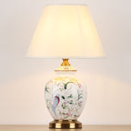 Traditional Chinese Patterned Bird Scalloped Round Fabric Ceramic 1-Light Table Lamp For Living Room Lumendat