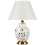 Traditional Chinese Patterned Bird Scalloped Round Fabric Ceramic 1-Light Table Lamp For Living Room Lumendat