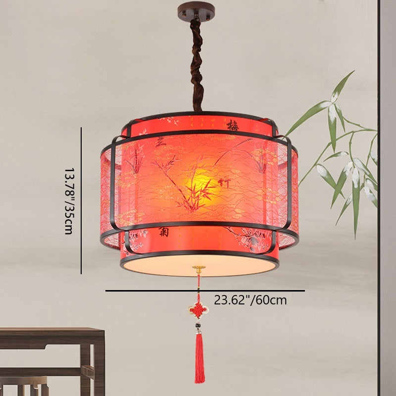 Traditional Chinese Round Spike Flower Faux Sheepskin Iron 1/3 Light Pendant Light for Living Room BulbSquare