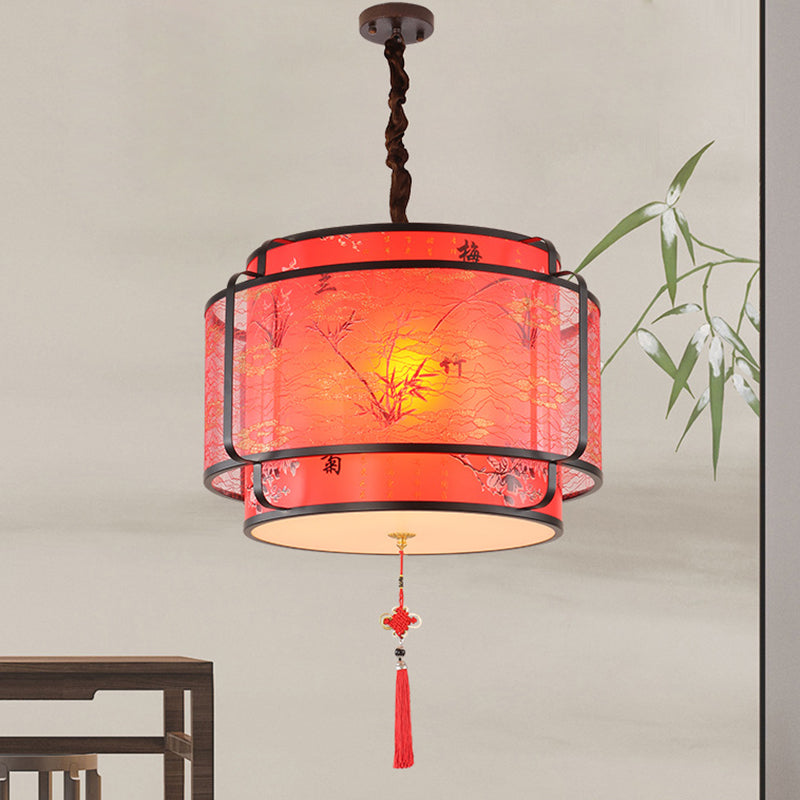 Traditional Chinese Round Spike Flower Faux Sheepskin Iron 1/3 Light Pendant Light for Living Room BulbSquare
