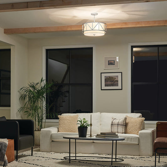 Traditional Rustic Round Cutout Fabric Iron 1-Light Semi-Flush Mount Ceiling Light For Living Room