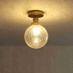 Traditional Japanese Crackled Orb Round Glass Brass 1-Light Semi-Flush Mount Ceiling Light For Living Room