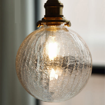 Traditional Japanese Crackled Orb Round Glass Brass 1-Light Semi-Flush Mount Ceiling Light For Living Room