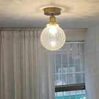 Traditional Japanese Crackled Orb Round Glass Brass 1-Light Semi-Flush Mount Ceiling Light For Living Room