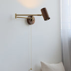 Traditional Japanese Cylinder Swing Arm Adjustable Round Wood Iron 1-Light Wall Sconce Lamp For Bedroom