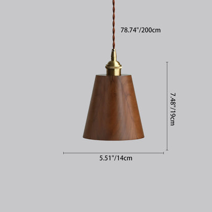 Traditional Vintage Conical Cylinder Bowl Wood Brass 1-Light Pendant Light For Living Room