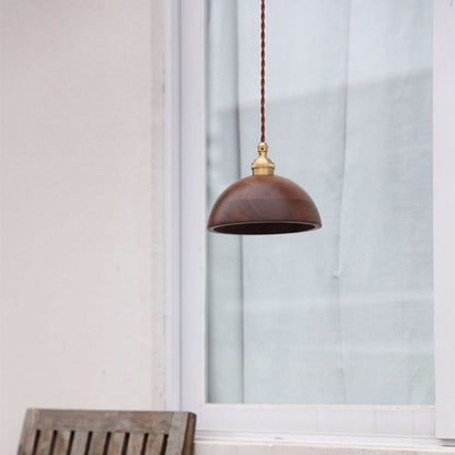 Traditional Vintage Conical Cylinder Bowl Wood Brass 1-Light Pendant Light For Living Room