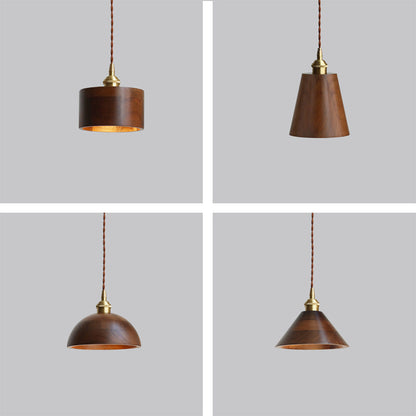 Traditional Vintage Conical Cylinder Bowl Wood Brass 1-Light Pendant Light For Living Room