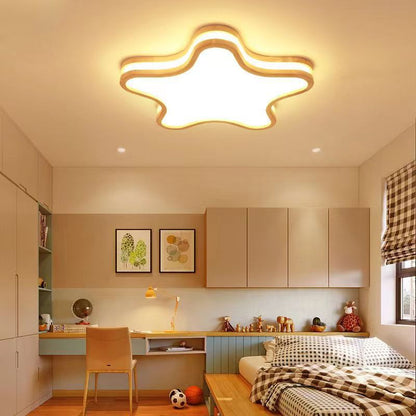 Modern Art Deco Moon Clouds Stars Wood LED Flush Mount Ceiling Light For Living Room