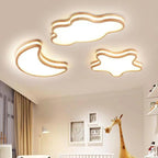 Modern Art Deco Moon Clouds Stars Wood LED Flush Mount Ceiling Light For Living Room