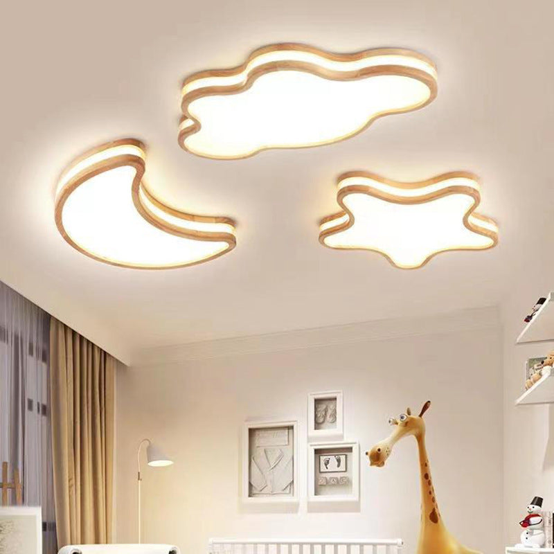 Modern Art Deco Moon Clouds Stars Wood LED Flush Mount Ceiling Light For Living Room