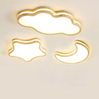 Modern Art Deco Moon Clouds Stars Wood LED Flush Mount Ceiling Light For Living Room