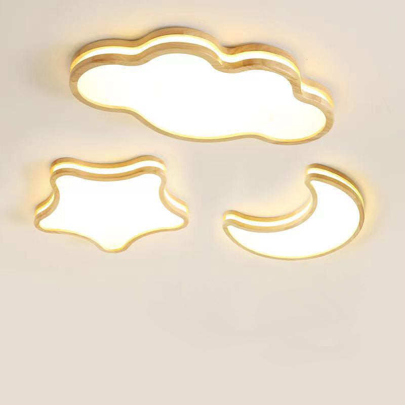 Modern Art Deco Moon Clouds Stars Wood LED Flush Mount Ceiling Light For Living Room