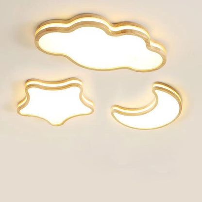 Modern Art Deco Moon Clouds Stars Wood LED Flush Mount Ceiling Light For Living Room