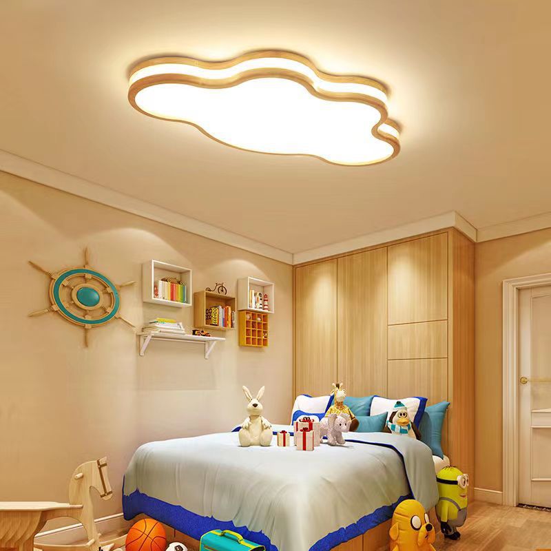 Modern Art Deco Moon Clouds Stars Wood LED Flush Mount Ceiling Light For Living Room