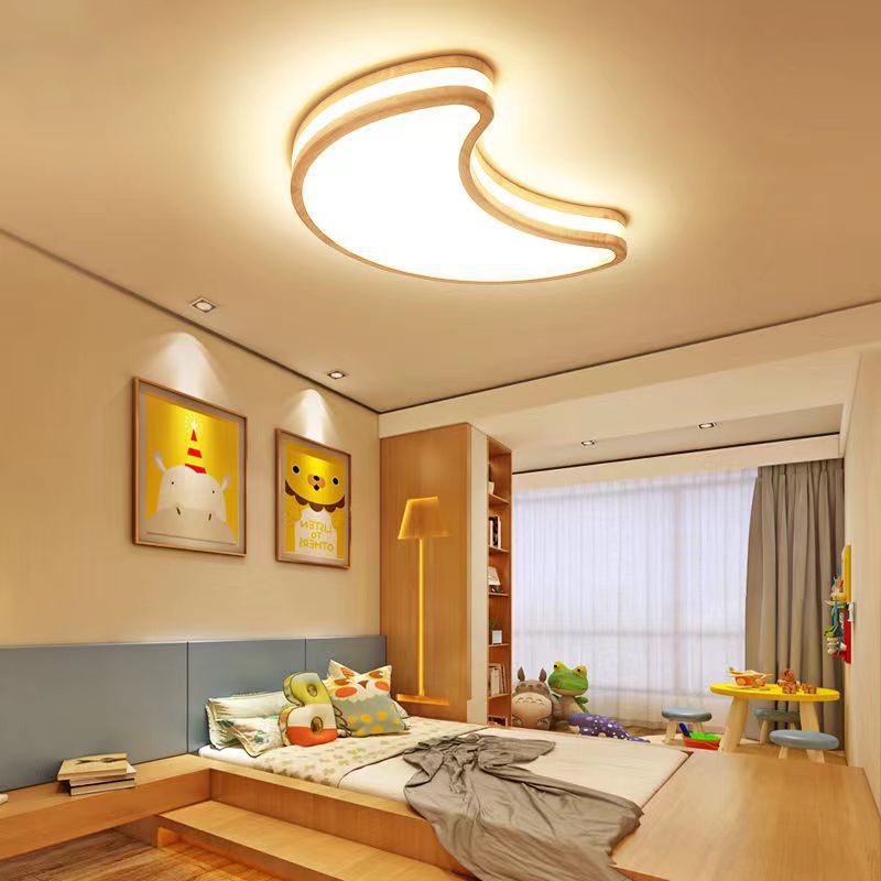 Modern Art Deco Moon Clouds Stars Wood LED Flush Mount Ceiling Light For Living Room