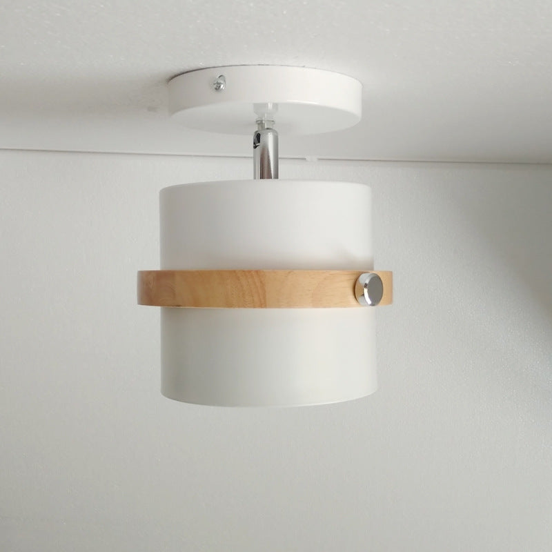 Contemporary Scandinavian Rotatable Cylinder Round Wood Iron 1-Light Semi-Flush Mount Ceiling Light For Living Room