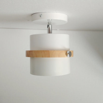 Contemporary Scandinavian Rotatable Cylinder Round Wood Iron 1-Light Semi-Flush Mount Ceiling Light For Living Room