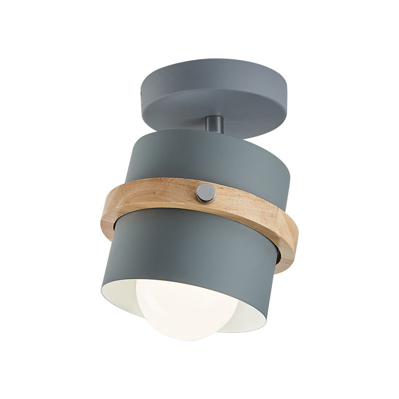Contemporary Scandinavian Rotatable Cylinder Round Wood Iron 1-Light Semi-Flush Mount Ceiling Light For Living Room