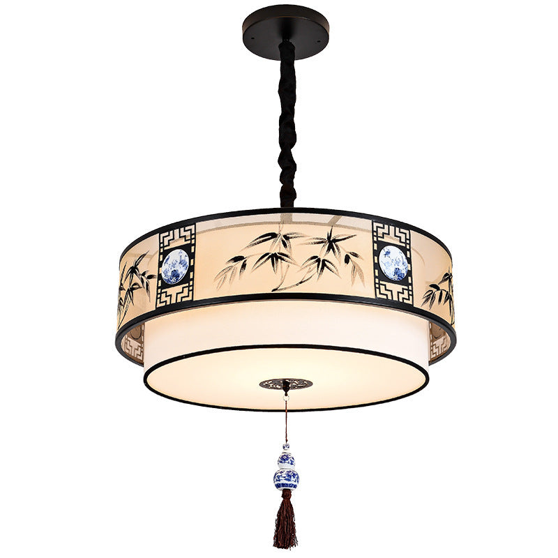Traditional Chinese Round Bamboo Patterned Fabric Iron 3-light Chandelier for Living Room BulbSquare
