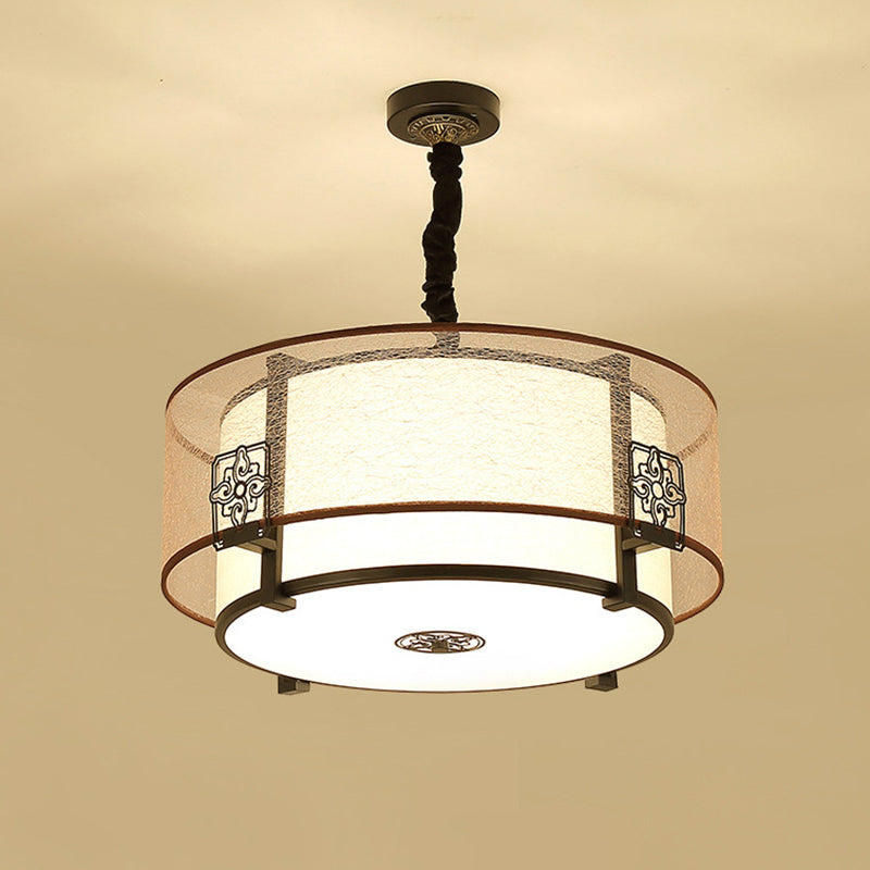 Traditional Chinese Round Bamboo Patterned Fabric Iron 3-light Chandelier for Living Room BulbSquare