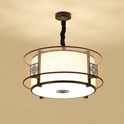 Traditional Chinese Round Bamboo Patterned Fabric Iron 3-light Chandelier for Living Room