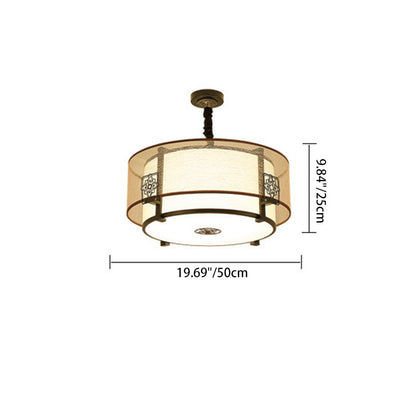 Traditional Chinese Round Bamboo Patterned Fabric Iron 3-light Chandelier for Living Room
