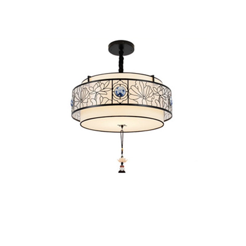 Traditional Chinese Round Bamboo Patterned Fabric Iron 3-light Chandelier for Living Room BulbSquare