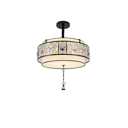 Traditional Chinese Round Bamboo Patterned Fabric Iron 3-light Chandelier for Living Room