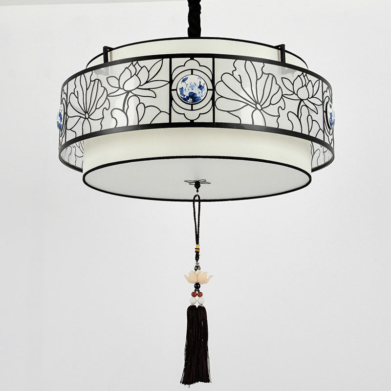 Traditional Chinese Round Bamboo Patterned Fabric Iron 3-light Chandelier for Living Room BulbSquare