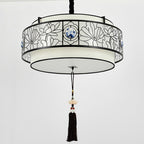 Traditional Chinese Round Bamboo Patterned Fabric Iron 3-light Chandelier for Living Room BulbSquare