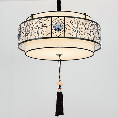 Traditional Chinese Round Bamboo Patterned Fabric Iron 3-light Chandelier for Living Room