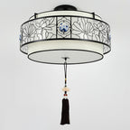 Traditional Chinese Round Bamboo Patterned Fabric Iron 3-light Chandelier for Living Room BulbSquare