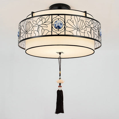Traditional Chinese Round Bamboo Patterned Fabric Iron 3-light Chandelier for Living Room