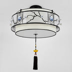 Traditional Chinese Round Bamboo Patterned Fabric Iron 3-light Chandelier for Living Room BulbSquare